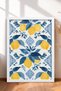 Blue Leafy Lemon Pattern on White Background Framed Painting Italy Poster Wall Decor Itn048