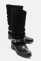 Moka Women's Black Shiny Leather/Suede Short Boots with Drawstring Buckle