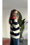 Women's Navy Blue White Polo Collar Buttoned Striped Knit Sweater with Embroidery Detail Oversized Sweater - 3