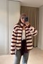 Premium Striped Zippered Fleece Cardigan - Ecru-Burgundy