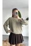Women's Khaki Crew Neck Thessaloniki Knit Crop Sweater Draped Sleeve Sweater - 5