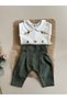 Lion Embroidered Snap Fastener Long Sleeve Bodysuit and Khaki Trousers Baby Boy Set - 2