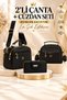 Women's Black Hand and Shoulder Bag with Three Compartments and Black and Black + Wallet Card Holder - 2