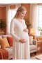 New Season Ecru Shawl Collar Winter Full-Length Buttoned Breastfeeding-Friendly Design Long Sleeve Maternity Fleece Dressing Gown Nightgown Set - 8