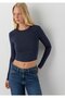 Long Sleeve Navy Blue Crop Basic T-Shirt Crop / Short Cut 1612822-87524