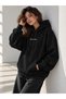 Women's Black Spectacular Printed 3 Thread Pile Hooded Oversize Loose Sweatshirt Hoodie with Kangaroo Pocket