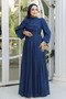 Drape Detailed Navy Blue Hijab Evening Dress 44081L - 2