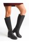 Leather Look Stretchy Back Flexible Thick Medium High Heel Buckle Detailed Zippered Black Long Boots - 6