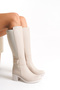 Leather Look Stretchy Back Flexible Thick Medium High Heel Buckle Detailed Zippered Beige Long Boots - 6