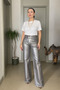 Metallic Gray Shiny Textured Cross Closure Wide Leg Silver Jeans