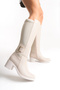 Leather Look Stretchy Back Flexible Thick Medium High Heel Buckle Detailed Zippered Beige Long Boots