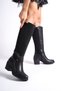 Black Leather Look Back Stretch Flexible Thick Medium High Heel Buckle Detailed Zippered Long Boots