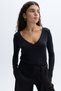 Women's Black V-Neck Fitted Long Sleeve Blouse