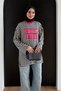 Women's Combed Cotton Fabric Letter Printed Crew Neck Striped Tunic 3260 Pink - 6