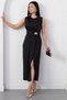 Oval Neckline Side Pleated Buckled Satin Dress K-251633 - 3