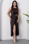 Oval Neckline Waist Buckle Satin Dress Grs3940 - 6