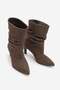 Women's Pointed Toe Gathered Suede Look Thick Heeled Boots Korin Brown Suede - 6