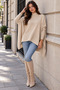Women's Beige Oversize Slit Knitwear Poncho Sweater - 3