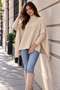 Women's Beige Oversize Slit Knitwear Poncho Sweater - 2
