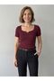 Mercerized Square Neck Slit Ribbed Short Sleeve Blouse - 4