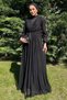 Women's Pleated Waist Belt Detailed Tulle Hijab Evening Dress