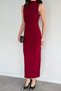 Women's High Collar Lycra Dress with Draped Waist and Shoulder and Slit Detail - 2