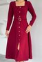 Women's Square Collar Dress with Gold Buckle and Waist Belt Detail - 3