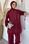 Quilted Brooch Detailed Hooded Hijab Tunic and Elastic Waist Pants Double Set - 3
