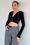 Women's V-Neck Gathered Crop Top Blouse with Gold Buckle Detail - 2