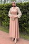 Satin Evening Dress with Laced Sleeves and Stones at the Waist, Lace-Up Hijab Dress - 2