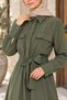 Polo Collar Waist Belted Double Pocket Hijab Dress - 5