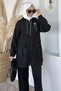 Quilted Brooch Detailed Hooded Hijab Tunic and Elastic Waist Pants Double Set - 6