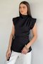 Women's Stand Collar Blouse with Draped Waist and Shoulder Belt Detail - 3