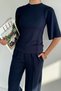 Women's Crew Neck Ribbed T-Shirt and Elastic Waist Pants Two-Piece Set - 4