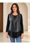 Women's Zipper Detailed Leather Vest Asymmetrical Cut Long Sleeve Blouse Set