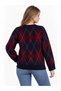 Burgundy Navy Blue Crew Neck Long (72 cm) Buttoned Diamond Pattern Women's Sweater - 2