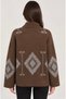 Women's Brown Geometric Patterned Zippered Cashmere Cardigan with Stand Collar and Relaxed Fit - 2