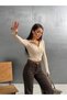 Women's Beige Finger-Looped Stand Collar Zippered Diving Fabric Blouse - 3