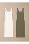 Women's 2-Piece White-Khaki Green Pool Collar Strap Ribbed Midi Dress