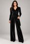 Timeless Elegance-Women's Black Velvet Double-Breasted V-Neck Waist-Tied Draped Long-Sleeved Blouse Wide-Leg Pants Two-Piece Set - 2