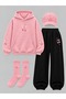 Women's Cherry Printed Pink 4-Piece Oversize Hooded Sweatshirt Set Hat Socks Tracksuit