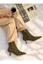 Vienna Khaki Suede Pointed Toe 5 cm Thin Heel Women's Boots Botti̇e - 4