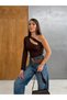 Women's Bitter Brown Single Sleeve Low-Cut Front Long Sleeve Diver Fabric Blouse - 4