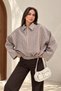 Women's Bomber Jacket Oversize Short Belted Long Sleeve Zipper Shirt Collar Drop Shoulder Checkered Jacket Mo