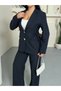 Women's Lace-Up Gold Buttoned Blazer Jacket and Pants Suit - 5