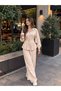 Women's Beige Zippered Belted Jacket and Wide-Leg Pants Two-Piece Set - 2