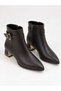 Women's Black Textured Leather Look Pointed Toe Boots with Gold Buckle and Heel Detail - 2