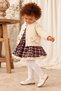 Baby Girl/Child Burgundy Plaid Patterned Lace Skirted Dress and Bowknot Knitwear Cardigan Set - 2