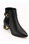 Women's Black Textured Pointed Toe Boots with Gold Heel and Buckle Detail and Zipper Closure