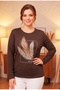 Qya Women's Black Crystal Fabric Stone Printed Long Sleeve T-Shirt